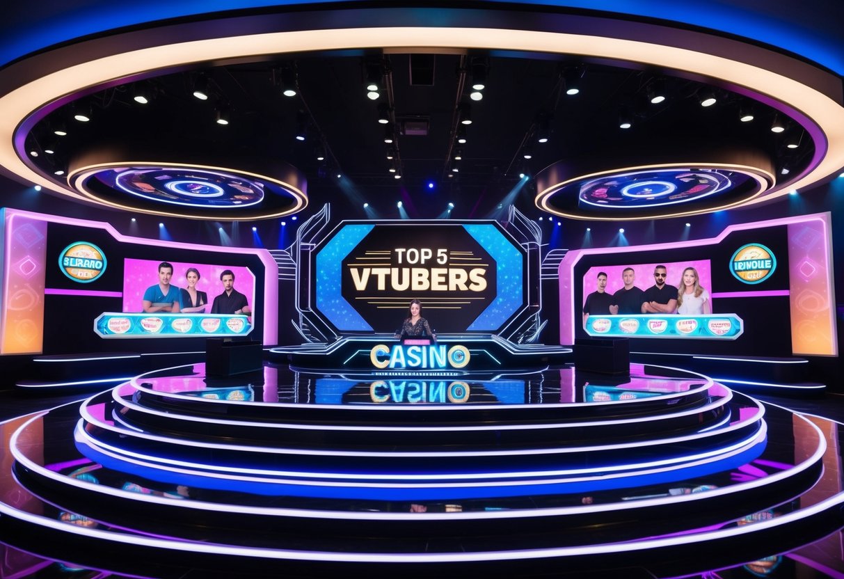A futuristic casino-themed stage with neon lights and holographic displays showcasing the top 5 VTubers