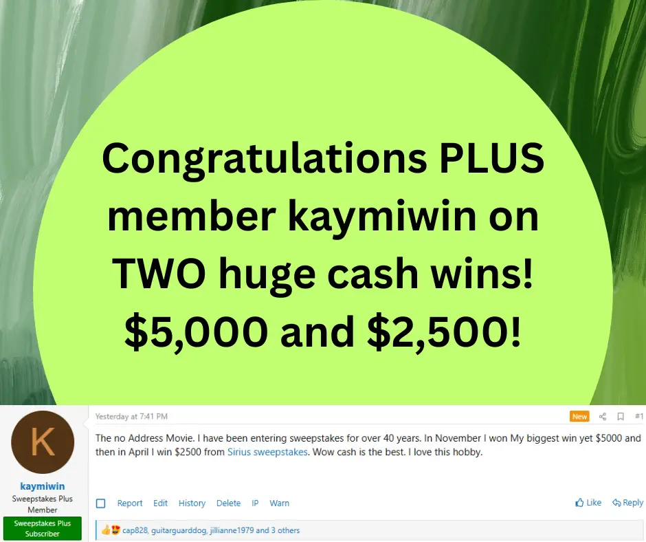 cash sweepstakes winner Kaymiwin