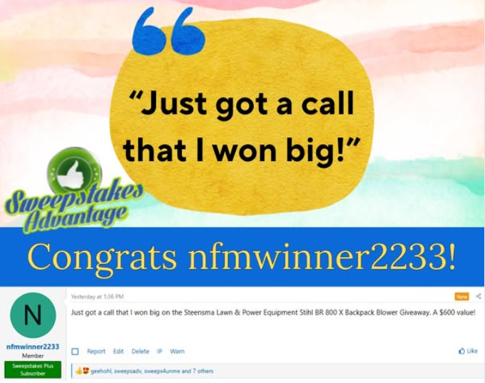 Power Equipment Sweepstakes Winner